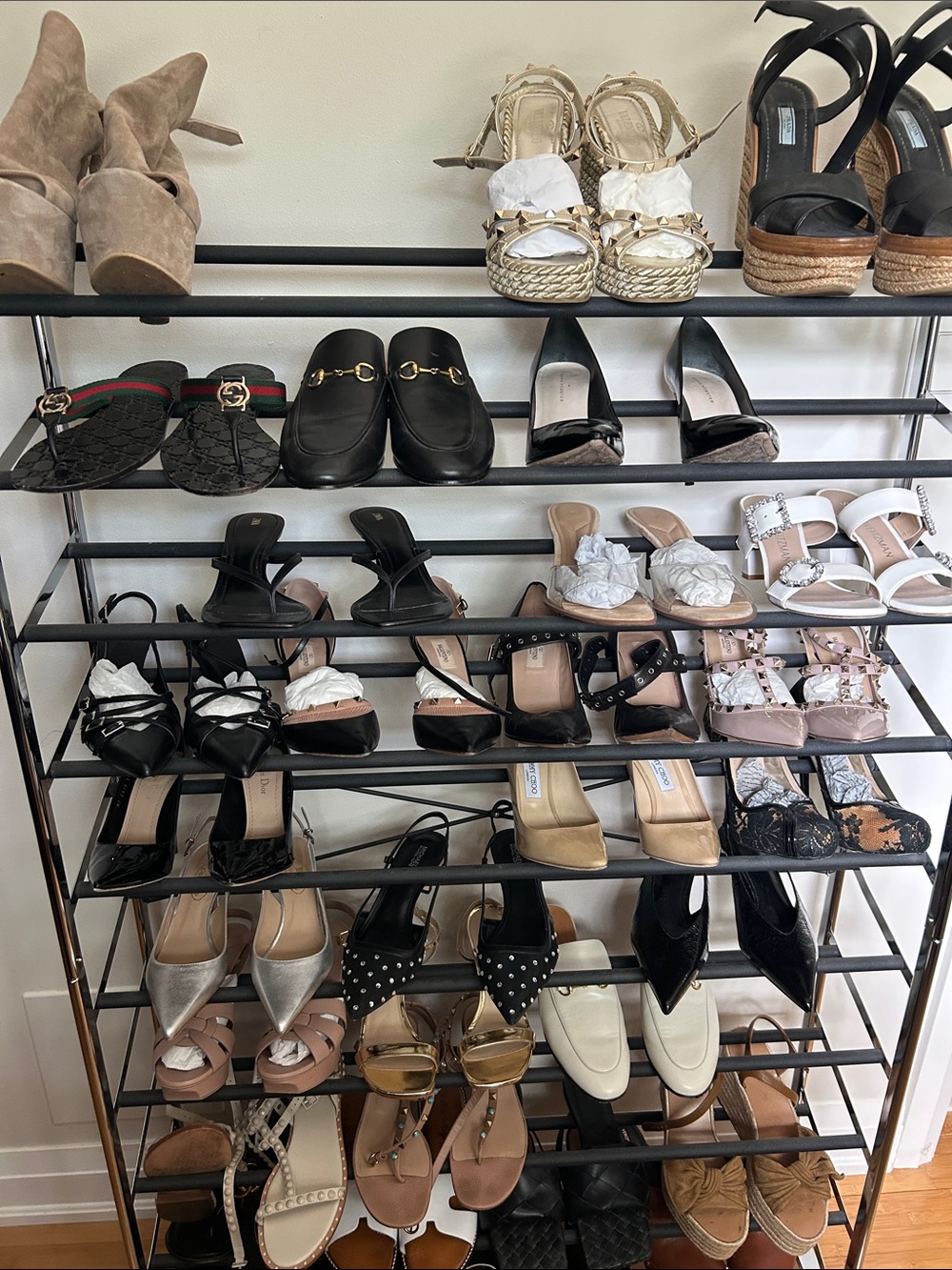 Mixed Women’s Shoe Rack - Neutral & Black Heels, Flats, Sandals.